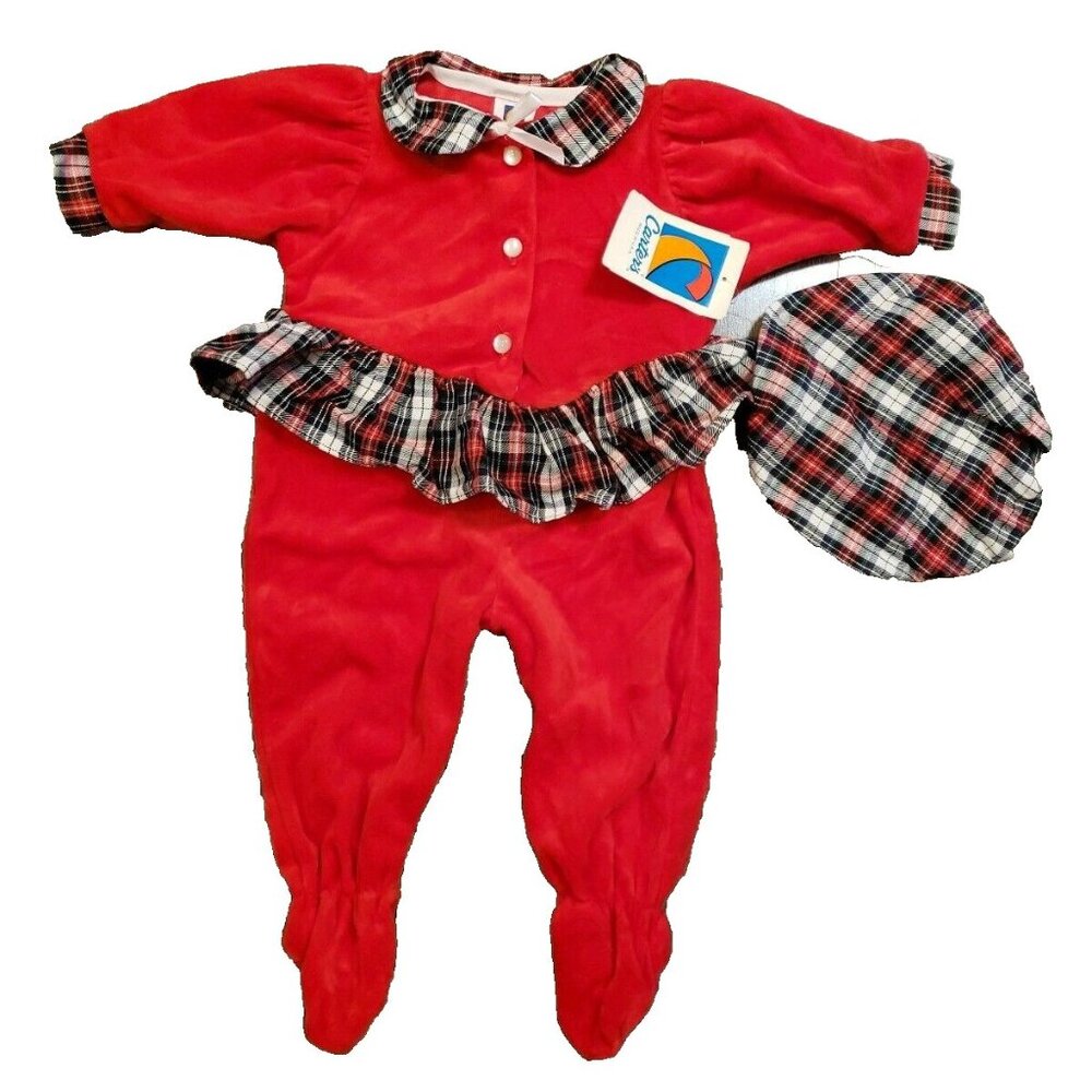 Vtg Carters Bodysuit 6 Mos Baby 2pc Outfit Red Velour Plaid Beret USA Christmas